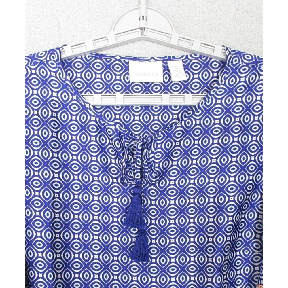 Chicos Tunic Womens 0 (S) Blue Geo Print 3/4 Sleeve Tassel Tie Polyester Casual - Picture 2 of 9